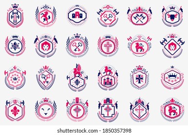 Vintage heraldic emblems vector big set, antique heraldry symbolic badges and awards collection, classic style design elements, family emblems.