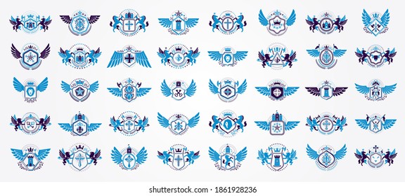 Emblemas herálicos vintage vectorial gran set, insignias simbólicas herálicas antiguas y colección de premios, elementos de diseño de estilo clásico, emblemas familiares.