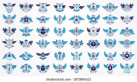 Vintage heraldic emblems vector big set, antique heraldry symbolic badges and awards collection, classic style design elements, family emblems.