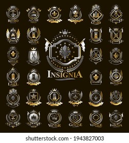 Vintage heraldic emblems vector big set, antique heraldry symbolic badges and awards collection, classic style design elements, family emblems.