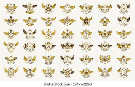Vintage heraldic emblems vector big set, antique heraldry symbolic badges and awards collection, classic style design elements, family emblems.