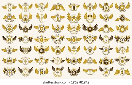 Emblemas herálicos vintage vectorial gran set, insignias simbólicas herálicas antiguas y colección de premios, elementos de diseño de estilo clásico, emblemas familiares.