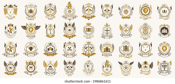 Vintage heraldische Embleme Vektor Großer Satz, antike heraltrocken symbolische Abzeichen und Preisverleihung, klassische Design Elemente, Familienembleme.