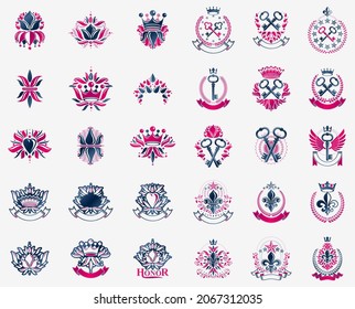 Vintage heraldic emblems vector big set, antique heraldry symbolic badges and awards collection, classic style design elements, family emblems.
