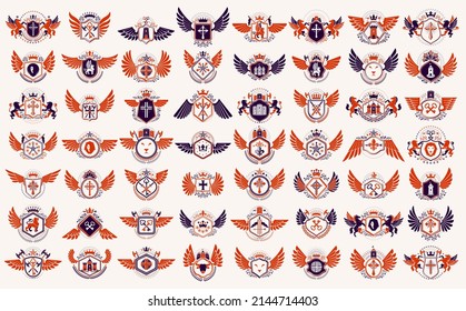 Vintage heraldic emblems vector big set, antique heraldry symbolic badges and awards collection, classic style design elements, family emblems.