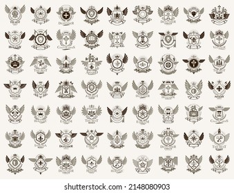 Emblemas herálicos vintage vectorial gran set, insignias simbólicas herálicas antiguas y colección de premios, elementos de diseño de estilo clásico, emblemas familiares.