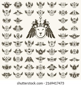 Emblemas herálicos vintage vectorial gran set, insignias simbólicas herálicas antiguas y colección de premios, elementos de diseño de estilo clásico, emblemas familiares.