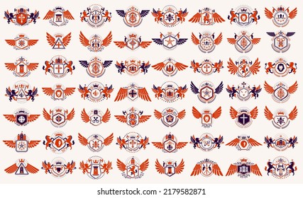 Vintage heraldic emblems vector big set, antique heraldry symbolic badges and awards collection, classic style design elements, family emblems.