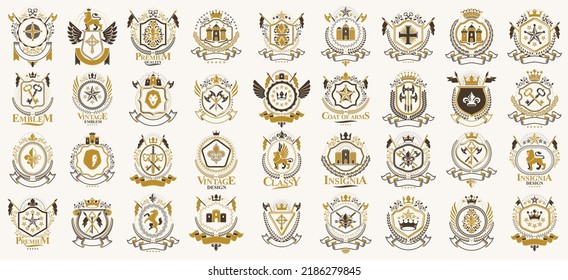 Vintage heraldic emblems vector big set, antique heraldry symbolic badges and awards collection, classic style design elements, family emblems.