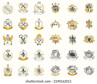 Vintage heraldic emblems vector big set, antique heraldry symbolic badges and awards collection, classic style design elements, family emblems.