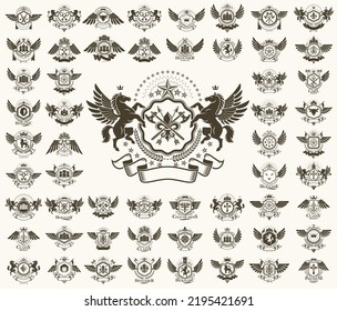 Emblemas herálicos vintage vectorial gran set, insignias simbólicas herálicas antiguas y colección de premios, elementos de diseño de estilo clásico, emblemas familiares.