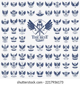 Vintage heraldic emblems vector big set, antique heraldry symbolic badges and awards collection, classic style design elements, family emblems.