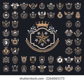 Vintage heraldic emblems vector big set, antique heraldry symbolic badges and awards collection, classic style design elements, family emblems.