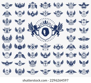 Vintage heraldic emblems vector big set, antique heraldry symbolic badges and awards collection, classic style design elements, family emblems.