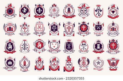 Vintage heraldic emblems vector big set, antique heraldry symbolic badges and awards collection, classic style design elements, family emblems.