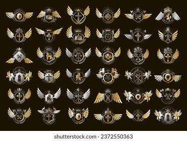 Emblemas herálicos vintage vectorial gran set, insignias simbólicas herálicas antiguas y colección de premios, elementos de diseño de estilo clásico, emblemas familiares.