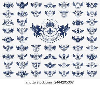 Vintage heraldic emblems vector big set, antique heraldry symbolic badges and awards collection, classic style design elements, family emblems.