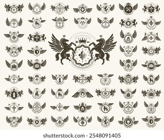 Vintage heraldische Embleme Vektor großen Satz, antike heraldischen symbolischen Abzeichen und Auszeichnungen Sammlung, klassischen Stil Design-Elemente, Familie Embleme.