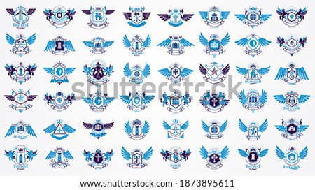 Vintage heraldic emblems vector big set, antique heraldry symbolic badges and awards collection, classic style design elements, family emblems.