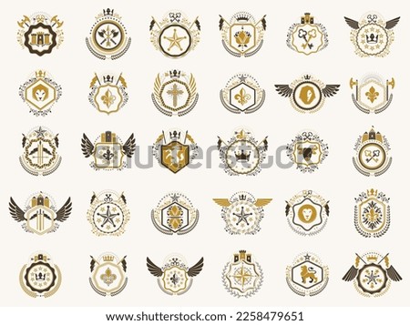 Vintage heraldic emblems vector big set, antique heraldry symbolic badges and awards collection, classic style design elements, family emblems.