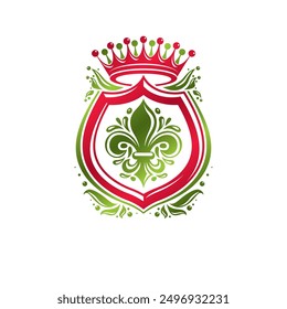 Vintage heraldic insignia made with monarch crown and lily flower royal symbol. Eco friendly product symbol, king quality theme illustration, protection shield.