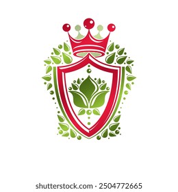 Vintage heraldic insignia made with monarch crown and lily flower royal symbol. Eco friendly product symbol, king quality theme illustration, protection shield.