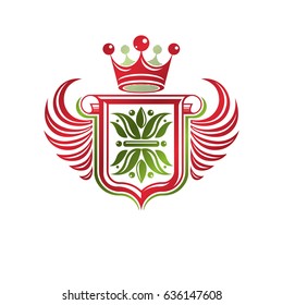 Vintage heraldic insignia made with monarch crown and lily flower royal symbol. Eco friendly product symbol, king quality theme illustration, winged protection shield created with cartouche.