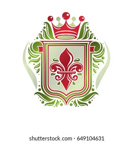 Vintage heraldic insignia made with monarch crown and lily flower royal symbol. Eco friendly product symbol, king quality theme illustration, protection shield created with cartouche.