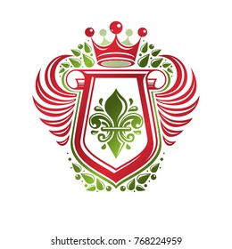 Vintage heraldic insignia made with monarch crown and lily flower royal symbol. Eco friendly product symbol, king quality theme illustration, winged protection shield created with cartouche.