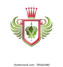 Vintage heraldic insignia made with monarch crown and lily flower royal symbol. Eco friendly product symbol, king quality theme illustration, winged protection shield created with cartouche.