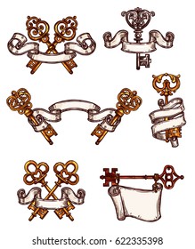 Vintage heraldic keys sketch icons tied with ribbons. Vector symbols of old brass or castle bronze ornate or flourish forges lock keys with antique or medieval royal design