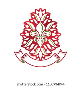 Vintage heraldic vector emblem created with lily flower royal symbol. Eco product symbol, organic and healthy food theme illustration.