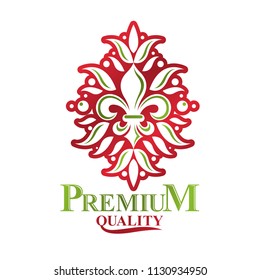 Vintage heraldic vector emblem created with lily flower royal symbol. Eco product symbol, organic and healthy food theme illustration.