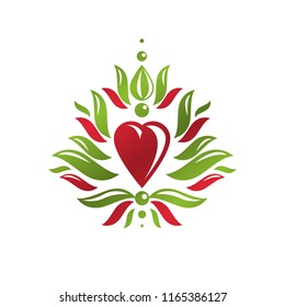 Vintage heraldic vector emblem created with lily flower royal symbol and red romantic heart shape. Eco product symbol, organic theme element for design.