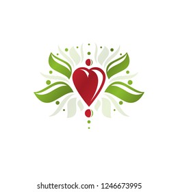 Vintage heraldic vector emblem created with lily flower royal symbol and red romantic heart shape. Eco product symbol, organic theme element for design.
