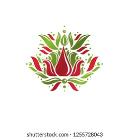Vintage Heraldisches Vektorsymbol mit lilligem Blumensymbol. Symbol für Öko-Produkte, Bio-und gesunde Lebensmittel Thema Illustration.