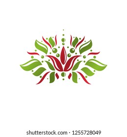 Vintage heraldic vector emblem created with lily flower royal symbol. Eco product symbol, organic and healthy food theme illustration.