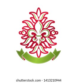 Vintage heraldic vector emblem created with lily flower royal symbol. Eco product symbol, organic and healthy food theme illustration.