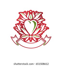 Emblema vectorial herálico vintage creado con símbolo real floral lirio y forma de corazón romántico rojo. Símbolo de producto ecológico, elemento de tema orgánico para el diseño.