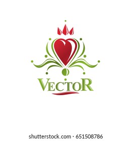 Vintage heraldic vector emblem created with lily flower royal symbol and red romantic heart shape. Eco product symbol, organic theme element for design.