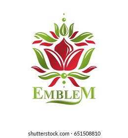 Vintage Heraldisches Vektorsymbol mit lilligem Blumensymbol. Symbol für Öko-Produkte, Bio-und gesunde Lebensmittel Thema Illustration.