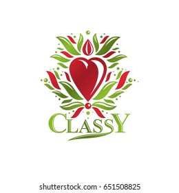 Vintage heraldic vector emblem created with lily flower royal symbol and red romantic heart shape. Eco product symbol, organic theme element for design.
