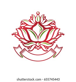 Vintage heraldic vector emblem created with lily flower royal symbol. Eco product symbol, organic and healthy food theme illustration.