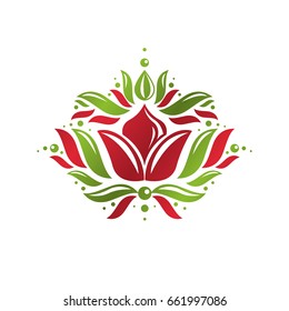 Vintage heraldic vector emblem created with lily flower royal symbol. Eco product symbol, organic and healthy food theme illustration.