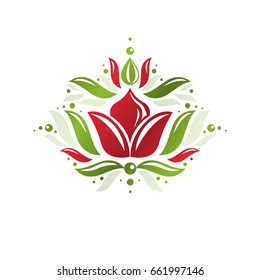 Vintage heraldic vector emblem created with lily flower royal symbol. Eco product symbol, organic and healthy food theme illustration.