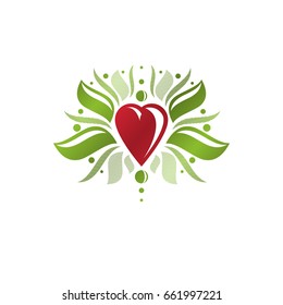 Vintage heraldic vector emblem created with lily flower royal symbol and red romantic heart shape. Eco product symbol, organic theme element for design.