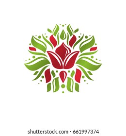 Emblema vectorial heráldico vintage creado con símbolo real de flor de lirio. Símbolo del producto ecológico, ilustración del tema de los alimentos orgánicos y saludables.