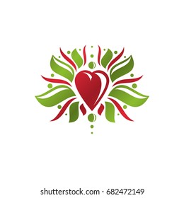 Vintage heraldic vector emblem created with lily flower royal symbol and red romantic heart shape. Eco product symbol, organic theme element for design.