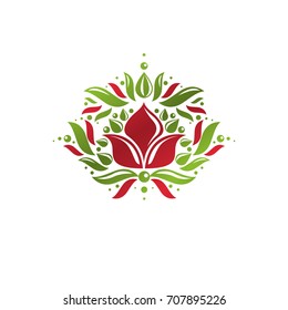 Emblema vectorial heráldico vintage creado con símbolo real de flor de lirio. Símbolo del producto ecológico, ilustración del tema de los alimentos orgánicos y saludables.