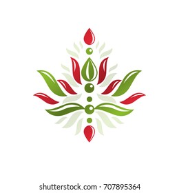 Emblema vectorial heráldico vintage creado con símbolo real de flor de lirio. Símbolo del producto ecológico, ilustración del tema de los alimentos orgánicos y saludables.